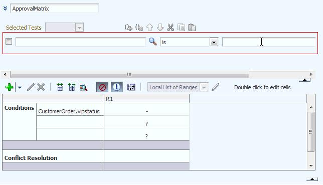 Editing Decision Tables in an Oracle Business Rules Dictionary at Runtime 5. Use the field controls or Left Value and Right Value icons, and the operator list to create the condition expression.