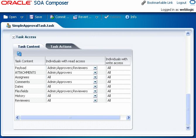 In Oracle SOA Composer, you can set access settings by using the options available under Task Access as shown in Figure 12 111.