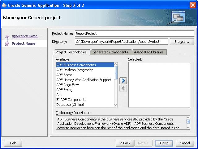 Using Rule Reporter with Java Figure F 3 Specifying Technologies in a Project 6. Click Finish. 7. In Oracle JDeveloper, select the project named ReportProject. 8.