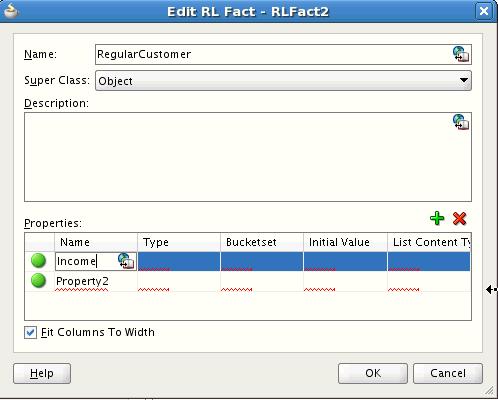 Working with RL Facts Figure 3 9 Edit RL Fact Dialog 3. To add RL Fact properties, on the Edit RL Fact dialog in the Properties area, click Create. a. In the Name field, enter the property name. b.