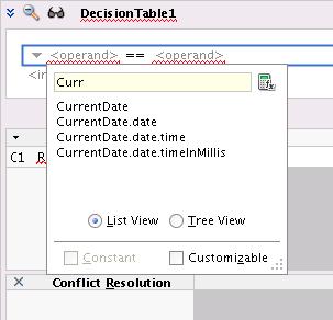 Working with Rules Figure 4 8 Using the Auto Complete Function In this figure, only the options beginning with the text entered are displayed. 4.3 Working with Rules You create business rules to process facts and to obtain intermediate conclusions that Oracle Business Rules can process.