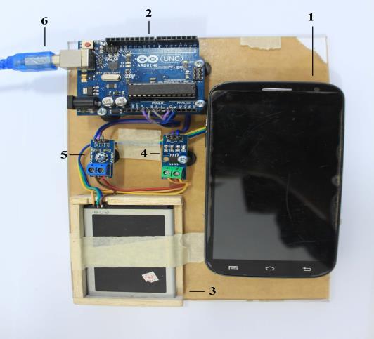 Figure 1. The employed circuit DC voltage sensor measure the voltage across the mobile phone s terminal, while the ACS712 current sensor measures current flows to mobile phone.