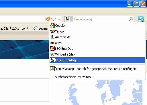 5 Searching for Georesources OpenSearch To search using OpenSearch in terracatalog, add terracatalog to the list of possible searches (here: Add 'terracatalog search for geospatial resources' while