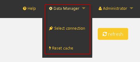 Data Manager menu item There are two options available to choose from: 1) Selection Connection and 2) Reset Cache. Select Connection allows you to select another data connection to work with.