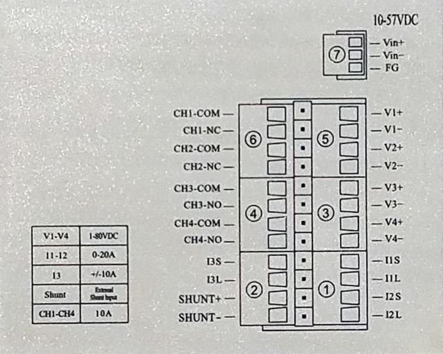Specifications Connector Pinouts Voltage Measurement (DC) Voltage Meas Accuracy +/- 0.1V Current Measurement (DC) 5 V1, V2, V3, V4 = 1-80VDC I1, I2 = 0.
