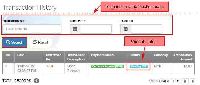 In this page, user can view all the transactions made and check on their statuses.
