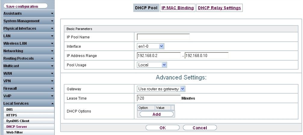 1 Services - DHCP Go to Local Services -> DHCP Server -> DHCP Pool -> New. Fig.