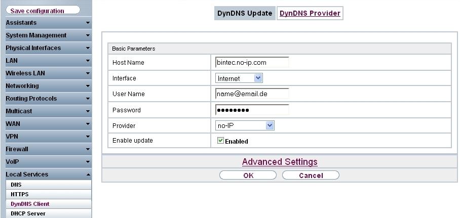 2 Services - DynDNS (2) Enter ) $) * for Server. (3) Enter + $ + ) under Update Path. (4) Leave the Port set to. (5) Select " " # for Protocol. (6) Confirm with OK. 2.2.2 Configuring DynDNS Create an entry in the gateway for your registered DynDNS name.