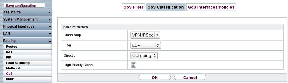 (2) Select Filter from what you have configured in the Routing -> QoS -> QoS Filter menu, e.g. =0. (3) Under Direction select $. (4) Enable the High Priority Class.