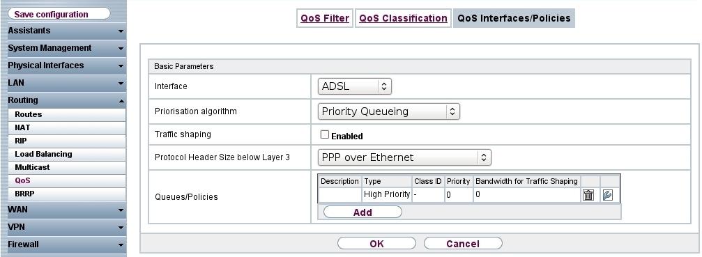33: Routing -> QoS -> QoS Classification 4.4.3 Enabling QoS on the WAN interface In the last QoS configuration step, prioritisation is enabled on the WAN interface.