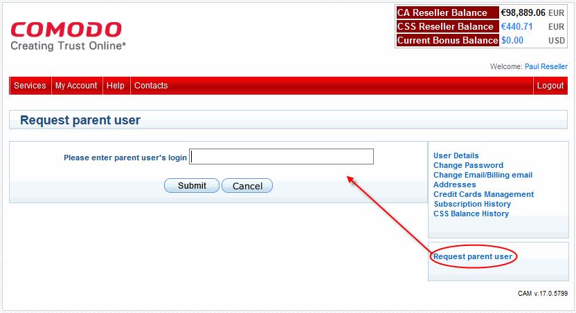 Enter the username of the parent user account you want to associate your account with and click 'Submit' The parent user will