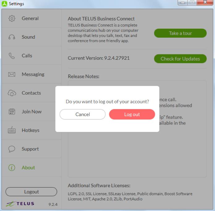 Log Out of the Desktop App. When you re done with work for the day, you can log out of the TELUS Business Connect for Desktop app. Here s how: 1. At the top of the screen, click.
