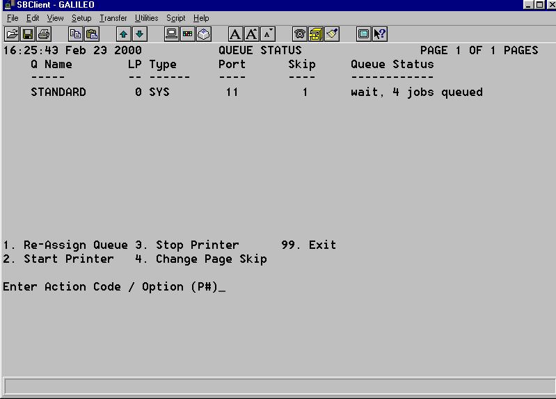 SPS (SP-STATUS) The SP-STATUS option from the SPJ screen is useful in determining the current status of your printers.