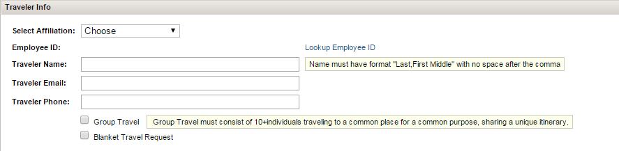 3. Fill out the Traveler Info Section: This should be you.