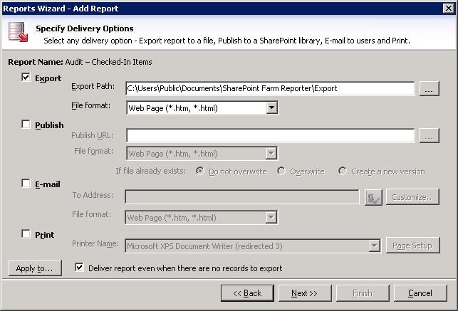 CHAPTER 4-Power Reports Step 4: Specify delivery options (Export, Publish, E-mail and Print settings) This dialog allows you to choose one or more report delivery options.