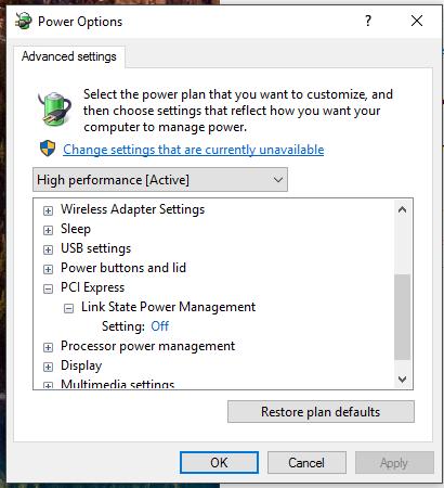 PAGE: 16 of 23 Next click the Change Advanced Power Settings link and set the Link State Power Management setting to OFF. That only needs to be done under the PCI Express setting.