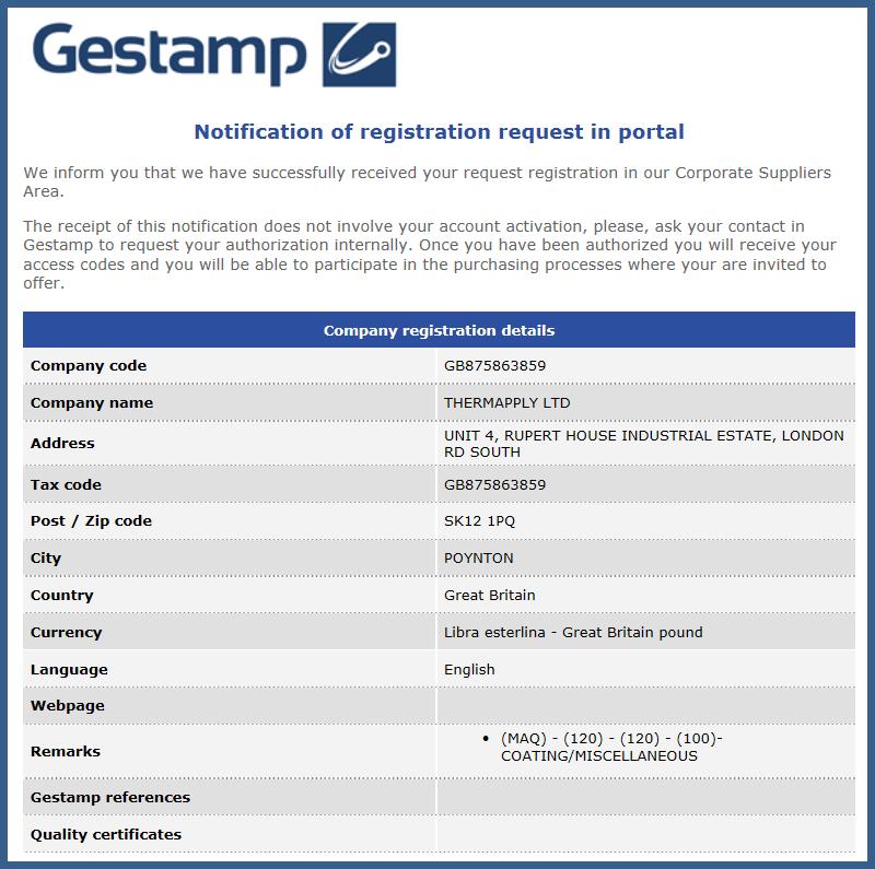 noreplyfs@gestamp.com which you need to forward to your Gestamp buyer.