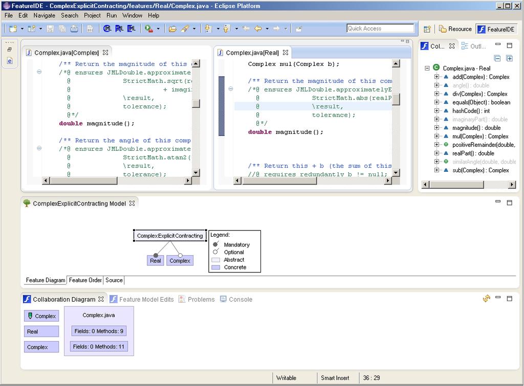 68 4. Tool Support Figure 4.5: Screenshot of FeatureIDE different contract composition techniques. It allows the developer to combine feature-based specification with product-based verification.