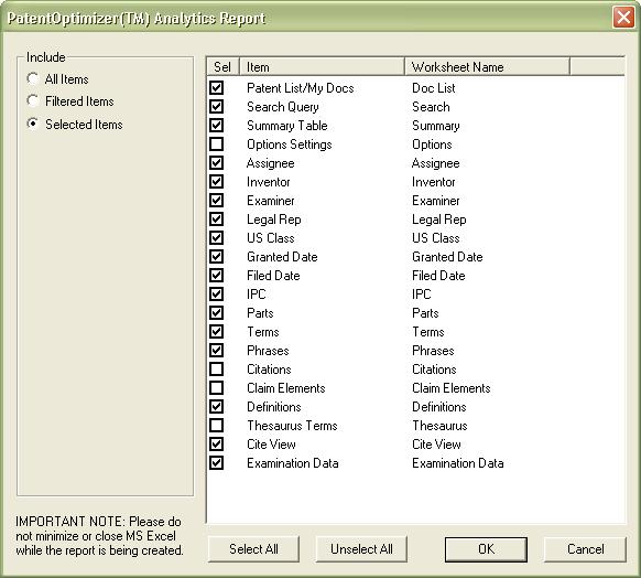 PatentOptimizer Analytics Report Select the options you would like to use in generating a new Microsoft Excel report.