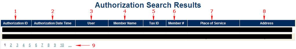 Authorization Search Results Once an authorization search has been conducted, the search results will be shown in a table beneath the search criteria.
