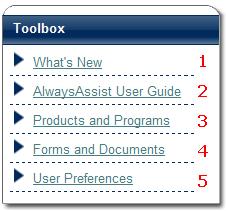 Toolbox Toolbox You will reach the Toolbox page after clicking the related navigation tab. This page contains links to other site pages unrelated to members and claims. Toolbox 1.