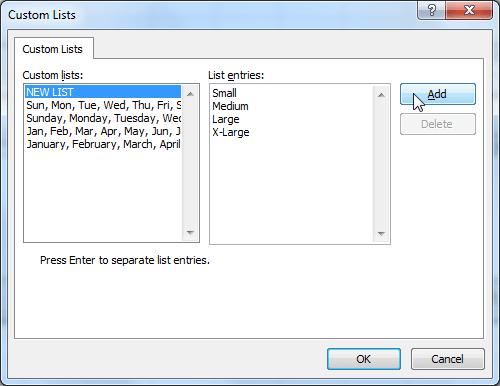 Choosing to order by Custom List 5. Select NEW LIST, and enter how you want your data sorted in the List entries box.