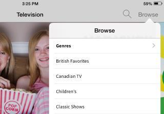 Browse by selecting a category from the main section below Movies, TV, Music or Audiobooks and tapping on Browse All.