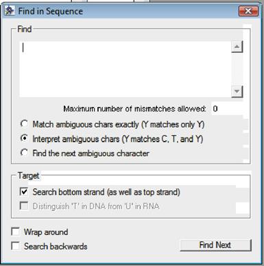 Tutorials Find Sequence TUTORIAL 20: FIND SEQUENCE 1. Start GCK. 2. Open the file called pbr322 in the Tutorial Files folder by choosing File > Open... 3. Choose Edit > Find > Find.