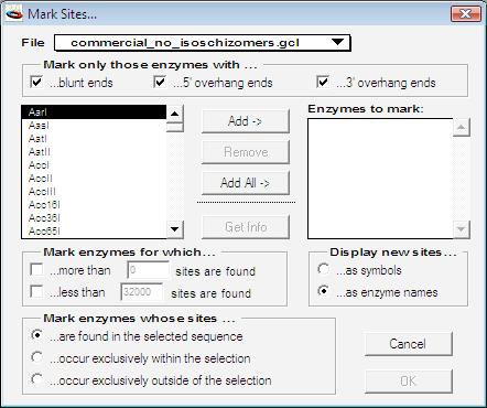 Construct Window Marking Sites Figure 3.8: Region Get Info Dialog Marking Sites Sites can be marked along a construct by using Construct > Features > Mark Sites (comment-m/ctrl-m).