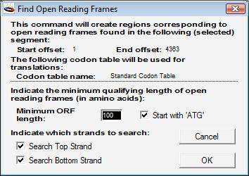 Construct Window Importing Sequences Into GCK Figure 3.37: Open Reading Frame Dialog selected, descriptive text is displayed on the right hand side of the dialog box.