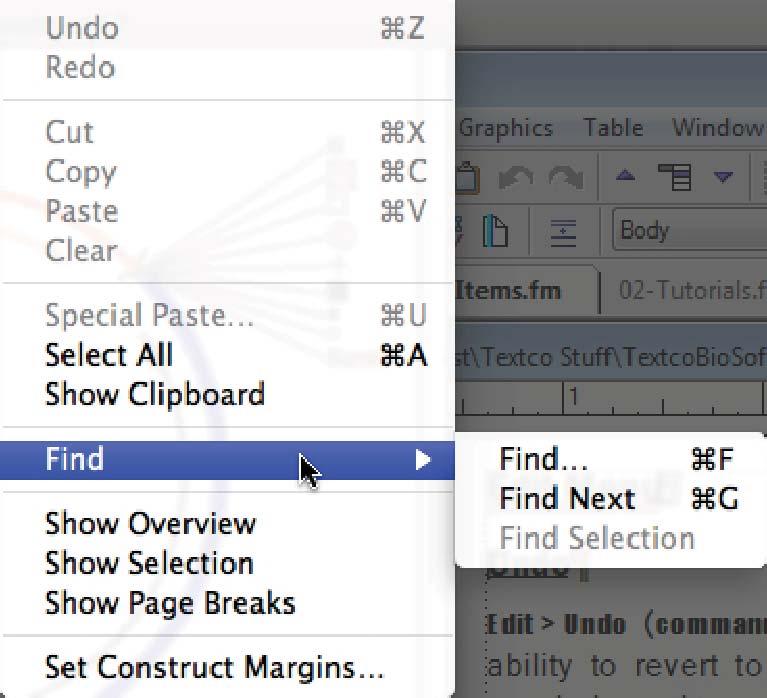 Menu Items Edit Menu Undo Edit > Undo (command-z/ctrl-z) provides the ability to revert to the state the window was in just prior to your last action, as you are probably familiar with from other