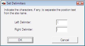 Menu Items Set Position Delimiters Format > Site Markers > Set Position Delimiters submenu item allows you to set the characters that will be used at the left and at the right of the position