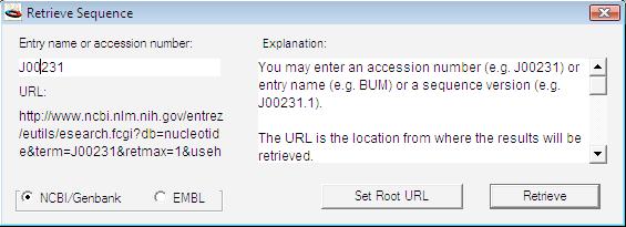 If you have a local database that is set up using the GenBank format, you can choose to search that database by pressing the Set Root URL button.