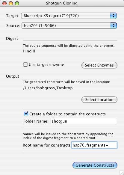 Menu Items Figure 8.26: Shotgun Cloning window you have, and if there are site markers selected, they will be used as the default enzyme(s).