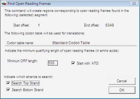 Menu Items Also in this dialog box, you can type in a number for the minimum length open reading frame to be reported anything less than this length will not be shown.