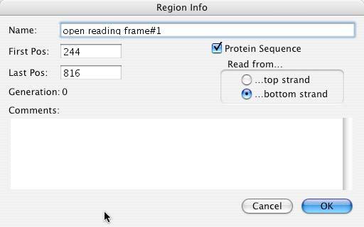 Tutorials Marking Open Reading Frames Figure 2.13: Region Get Info Dialog about this vector and how the polycloning site disrupts the β-gal coding region. Click OK to close this dialog box. 7.