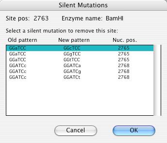 The actual nucleotide sequence has been changed as specified in Figure 2.25: Selecting a Silent Mutation Figure 2.25 with the changed nucleotide being indicated in lower case in the actual sequence.