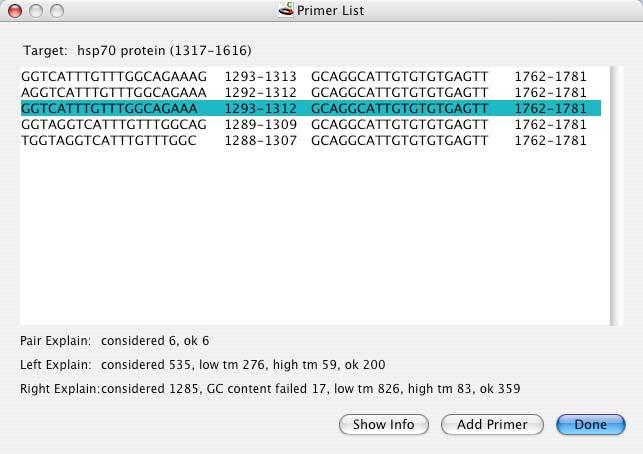 Tutorials PCR Analysis Figure 2.81: Selecting a primer pair 6. Select the middle primer pair (1293-1312, 1762-1781) and press the Add Primer button.