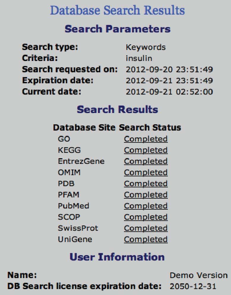 Tutorials Database Searching Figure 2.88: Database search in progress your search displayed in your web browser. 4. Now lets do a protein search. Open the file hsp70.