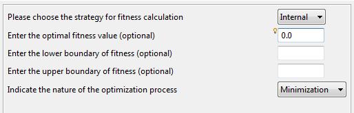 Fitness Calculation. Here, we indicate whether the computation of fitness will be done internally or externally, as well as set a few relevant parameters.