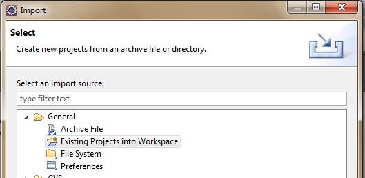 Figure A.29. Import project wizard source selection 8.2 In the new page, select the Select archive file: option and browse to the location of downloaded zip file.