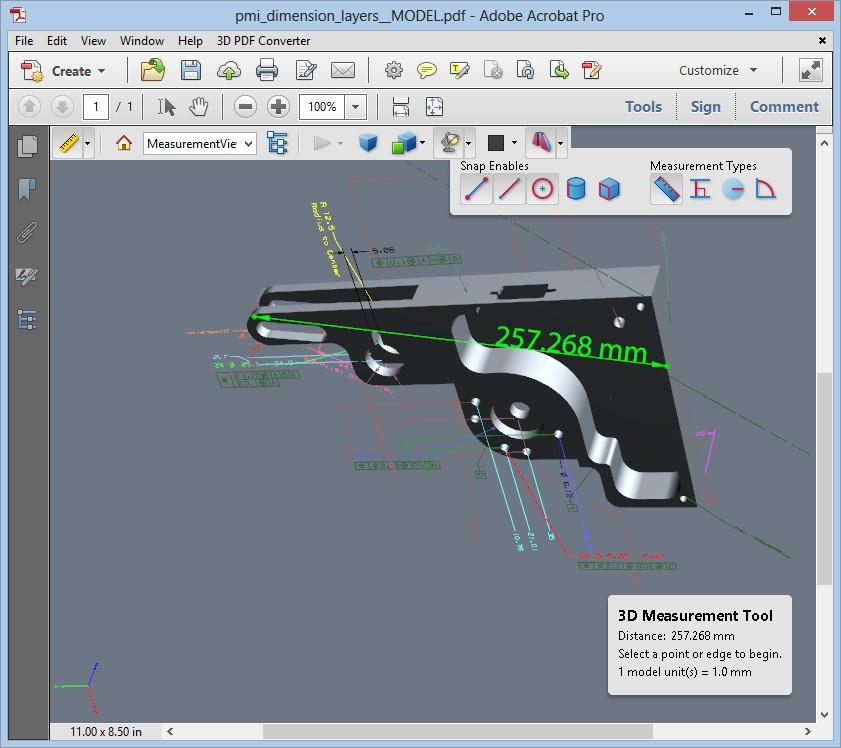 Measurement Info Measurement Info 1. Click a 3D model in a PDF to enable it. Cross Section Example and Cross Section Properties Window 2. Click the 3D Measurement Tool icon on the 3D toolbar.