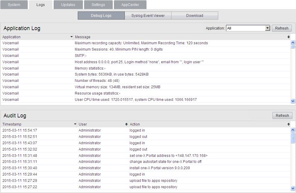 Web Control/Platform View Menus: Logs 8.2.1 Debug Logs You can access this menu by selecting Logs and then clicking Debug Logs. The menu shows the server application logs and audit log records.