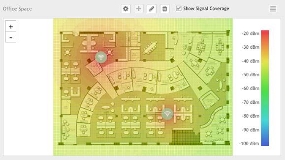 RF COVERAGE HEAT MAP The RF coverage heat map visually presents approximated signal strength per AP that is overlaid on top of any imported floor plan.