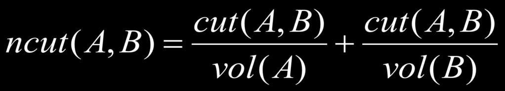 Graph Cut Criteria NP-hard Criterion: Normalized-cut Connectivity between groups relative to the density of each group vol(a): total weight of the edges with at least one endpoint in A: vol A = n Why