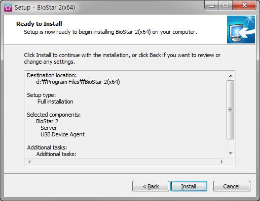 Installing BioStar 2 10 If ready to install, click Install. 11 Select whether to install additional program and click Finish.