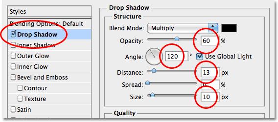 I ll add a shadow to the selected area as well by clicking directly on the words Drop Shadow at the top of the list of layer styles along the left of the dialog box.