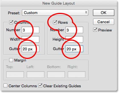 Then, in the Rows section on the right, first click inside the Rows checkbox to enable rows (they're turned off by default), then set the Number of rows also to 3.