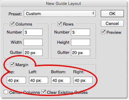 Click in the Margin checkbox to enable the margins, then set each of the four options (Top, Left, Bottom, and Right) to 40 px: Adding margins around the document.