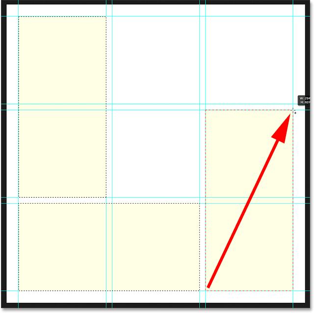 With your Shift key still held down, click in the bottom left corner of the square in the bottom right of the grid and drag up to the top right corner of the square directly above it.